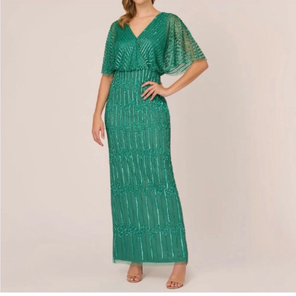 Adrianna Papell hand beaded surpliceTeal Maxi Dress • Sz 12
